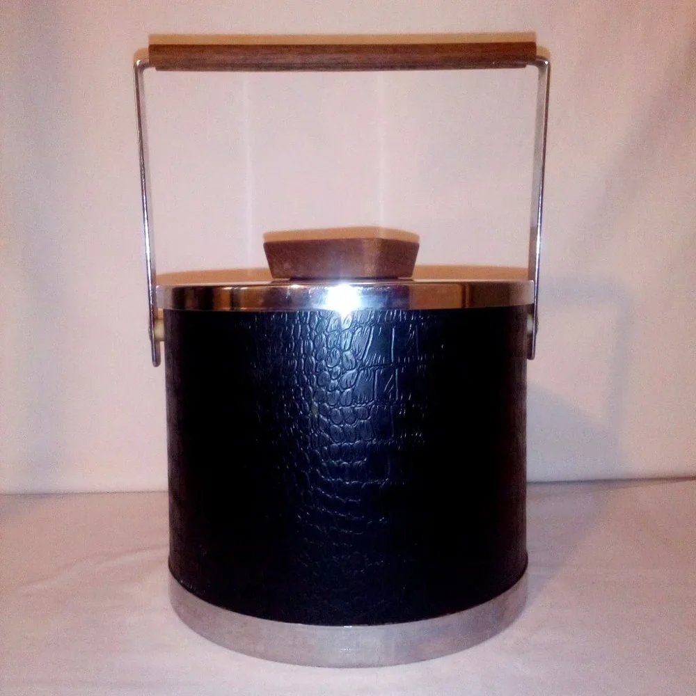 Mid Century Modern Faux Alligator, Metal & Wood Ice Bucket: Vintage